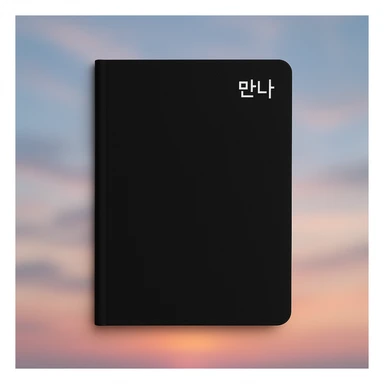 simple black notebook with a dreamy, blurry photo background, the word '만나' written in white at the top right, minimalist design, clean and modern style sticker