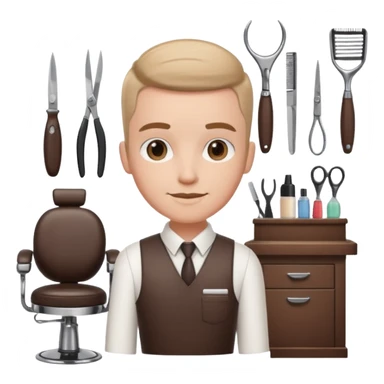 virtual assistant character in a small barber shop, friendly, digital, with barber tools sticker