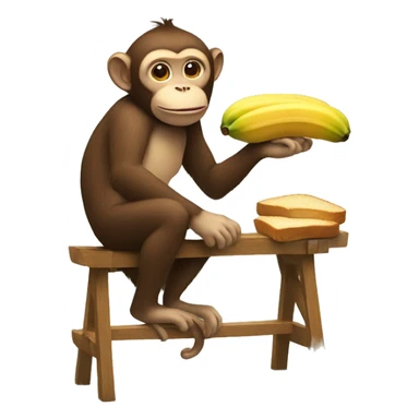 Monkey with cat ears on a stool eating bread with bananas on the bread while the monkey looks like he’s hiding something sticker