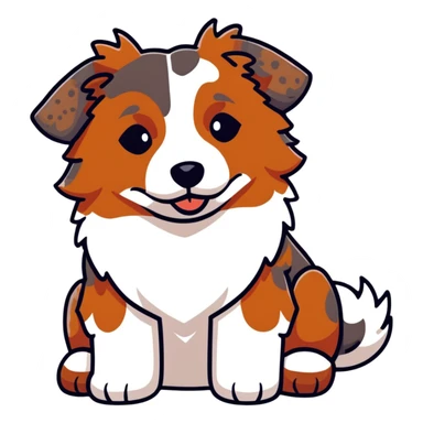 Red merle Australian Shepherd dog laying down, reddish-brown and white spotted coat, fluffy fur sticker