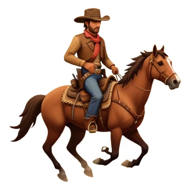 An icon representing an adventure game, inspired by Red Dead Redemption II. The design features a rugged cowboy riding a galloping horse across an open prairie, with towering mesas, cacti, and a golden sunset in the background. The atmosphere conveys freedom, action, and the thrill of the untamed frontier. Transparent background. sticker