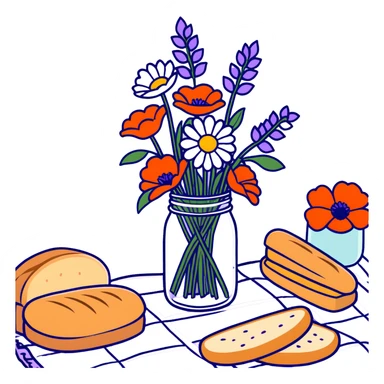 wildflower bouquet with daisies, poppies and lavender arranged in a mason jar on a picnic blanket with bread and fruit sticker