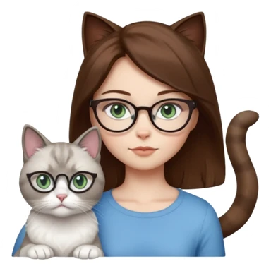 O fata cu parul saten cu ochii griji-albastrii ,ochelari și codițe de pisica ..și langa o pisicuță alba pufoasa ,cu ochii verzi și o a doua pisica siameza pufoasa cu capul maro -negru și coada ,restul corpului un maro deschis spre alb  , ochii albaștrii  sticker