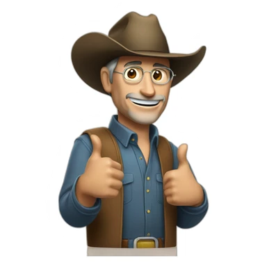 Steve Jobs with a cowboyhat putting thumbs up sticker