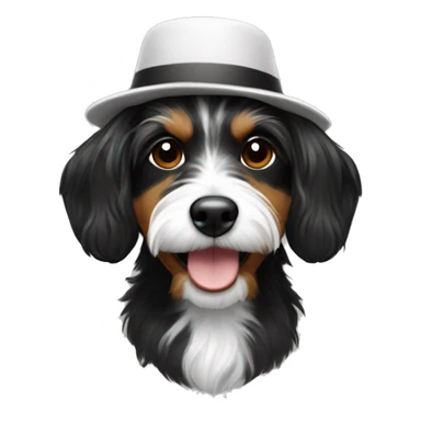 Black and white shitzu mixed with dachshund with shaggy hair wearing a hat sticker