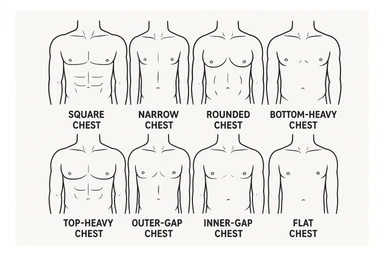 Make image of types of male chest shapes, few examples: Square chest, Narrow chest, Rounded chest, Bottom-heavy chest, Top-heavy chest, Outer-dominant chest, Inner-gap chest, Flat chest. sticker