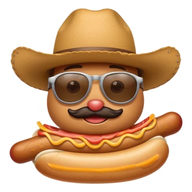 A hotdog with sunglasses and a cowboy hat sticker