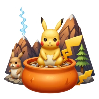 Un Pikachu rouge qui et triste avec des éclairs en fond et il a fait caca et pipi dans un pot orange et une montagne derrière  sticker