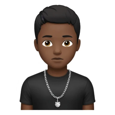 Generate a emoji of a black boy with dark skin, wearing a black compressed T-shirt, with short 4C black hair and make him wearing a silver chain, and make the chain thin sticker