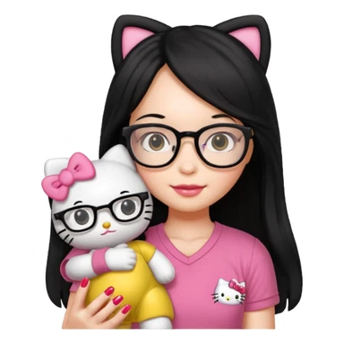 Nails cute with hello kitty wear glasses black long  hair, wear yellow shirt , red nails , big hello kitty doll sticker
