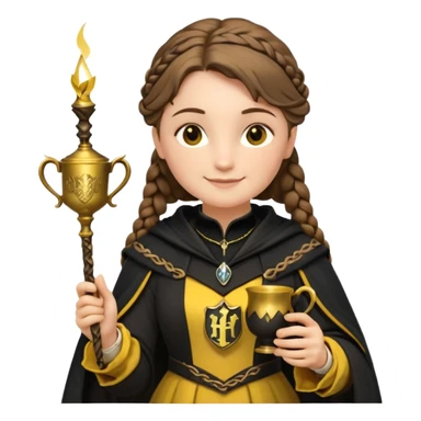 Helga Hufflepuff,the Hogwarts founder of Hufflepuff,brown-haired,2braids,yellow-black medieval dress with black cloak decorated with gold braiding,flickering magic wand and tiny two-handled shiny gold cup engraved with the badger silhouette,very kind smile,curvy busty sweet sticker