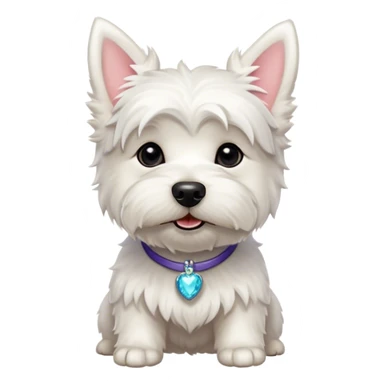 Cinematic Cute West Highland White Terrier Portrait Emoji, Head tilted playfully and inquisitively, featuring a fluffy, immaculate white coat with perky ears, round, sparkling dark eyes filled with curiosity, Simplified yet irresistibly adorable features, highly detailed, glowing with a warm, friendly glow, high shine, affectionate and lively, stylized with a touch of whimsy, bright and endearing, soft glowing outline, capturing the essence of a mischievous yet loving pup, so playful it feels like it could bound out of the screen and into your arms! sticker