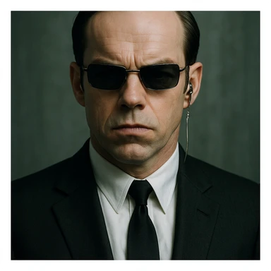 Agent Smith from The Matrix, wearing a black suit, sunglasses, and earpiece, stern expression, iconic look sticker