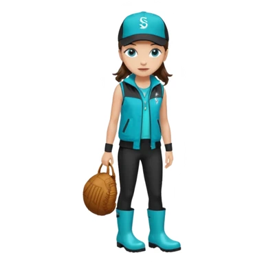 A landscaper in a beautiful turquoise jacket and turquoise rubber boots, black pants, and a black sleeveless shirt. On her head is a black color Swissotel baseball cap. The girl is a brunette with blue eyes. sticker
