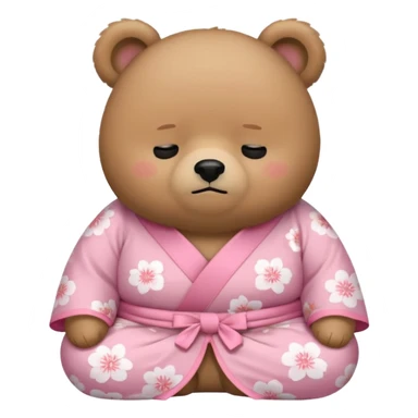 A cute chubby light-brown bear wearing a pastel pink sakura-patterned kimono, body and round head, adorable simple face, sleepy half-closed eyes, small blush on cheeks, sitting while dozing off, tiny “zzz” floating above the head sticker