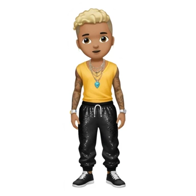 Chris Brown with black sequin baggy pants, shirtless with necklace sticker