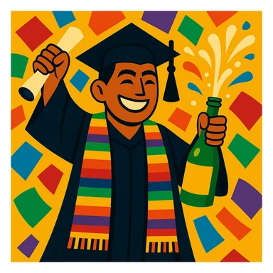 Make the confetti much bigger and more prominent, keeping the festive graduation scene and vibrant style. sticker
