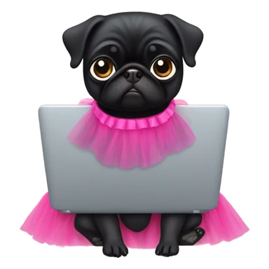 Black pug using a laptop while wearing a tutu dress sticker