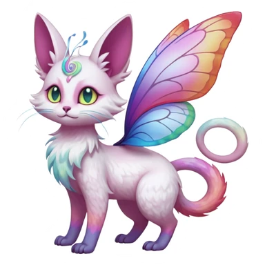 Pure-snow-White albino iridescent with pastel rainbow-gradients-color-markings with swirly patterns butterflies  faerie-Noivern-Noibat-Purloin-Torracat-Lykoi-Caracal-cat-Fakemon-fusion-hybrid-creature sticker