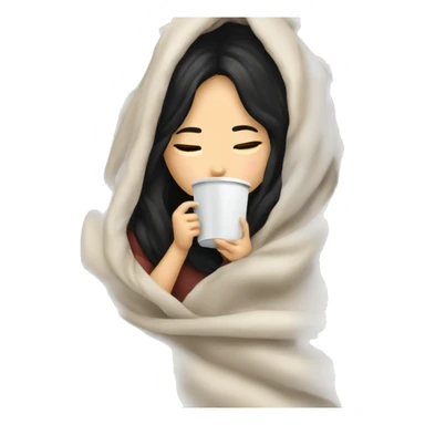 Asian girl inside a blanket sipping coffee eyes closed black hair sticker