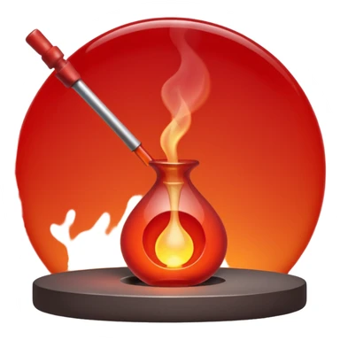 Glassblowing and casting icon, molten glass being shaped into a delicate object with a blowpipe, glowing red-hot glass being poured into a mold, unfinished glass sculpture, minimalistic style, clean lines, transparent background. sticker