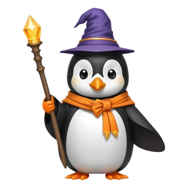 Penguin wearing a wizard hat and robe holding a magic wand sticker