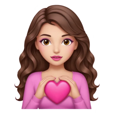 girl with long wavy brown hair, brown eyes, long lashes makeup, sexy pink lips, light to medium complexion, wearing a pink sexy top, holding a big heart sticker