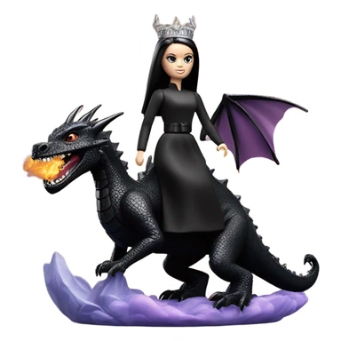 evening dressed, Wednesday Addams Barbie Jedi wearing a tiara, riding on the back of a very large black shiny evil-looking fire-spewing horned dragon sticker