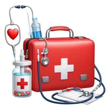 An icon featuring a medical bag with a red cross, a stethoscope, and a syringe, symbolizing medicine. The design includes pills, a heart monitor, and a clipboard with patient notes, representing healthcare, diagnostics, and treatment. Transparent background highlights the science of medicine. sticker