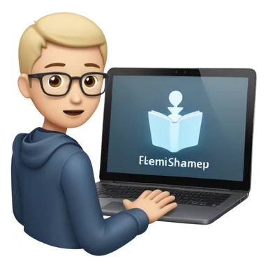 A dark-colored laptop with the screen open. From the screen, a person is emerging, giving a lecture or teaching. The person should look expressive and in a teaching pose. Soft shadows, semi-3D emoji style, clean background. sticker