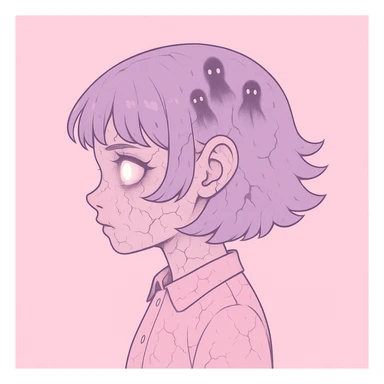 Make this pastel horror profile picture scarier while keeping it cute, expressive, and minimal, inspired by the style of imagen-4-fast-KaUtLiSA10F. Enhance the horror elements subtly but maintain the pastel color palette and minimalistic design with expressive features. sticker