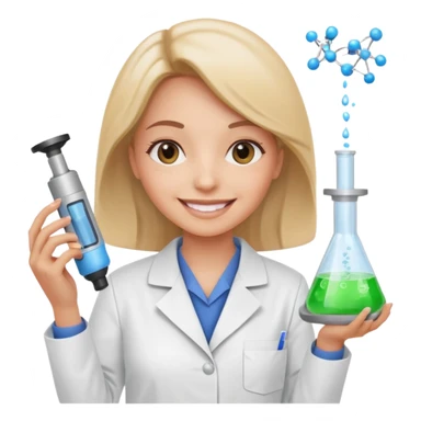 a woman in a laboratory coat, smiling and holding scientific equipment, symbolizing new cosmetic technology sticker