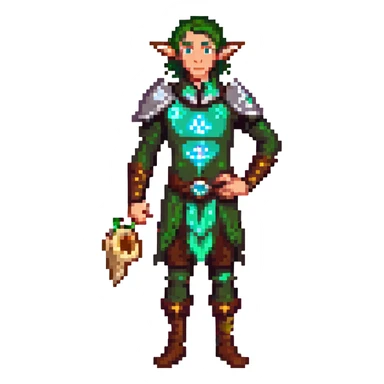 elf male Short wetsuit-style garb, glowing runes on skin, holding a conch horn. sticker