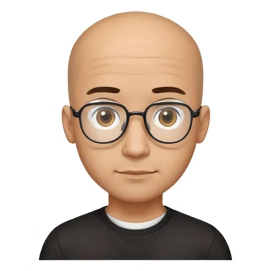 Latino man with small oval face and big forehead, aviator-style glasses, completely bald/shaved sides with very short curly dark hair only on top of head, neutral-friendly expression, light brown skin, wearing a black t-shirt sticker