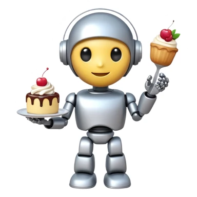 The cute robot is holding dessert in its hands, 3d emoji sticker