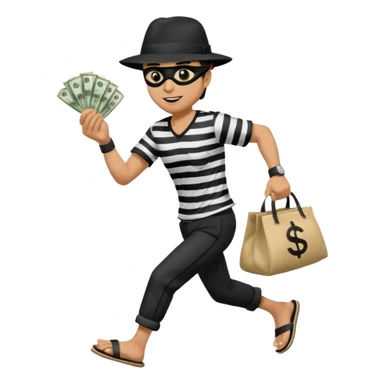 Make a man wear a black pant and he shirt is balck line and white line and wear a black hat and he holding a money bag and he running he wear a black eye thing no money in the Left hand and he yellow and the money bag in the right he wear a flip flop like this is Money bag 💰 sticker