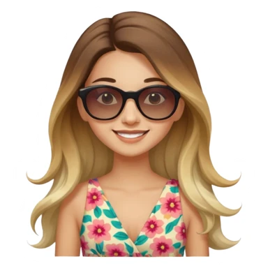 young fashionable woman, long ombre hair, wearing a floral dress and sunglasses, smiling sticker