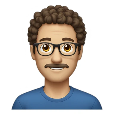 white man with short curly dark brown hair, blue small eyes, round eyeglasses and a brown mustache sticker