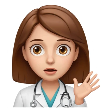 Surprised female doctor emoji with brown hair, both hands on her cheeks, big expressive eyes, clean emoji style sticker