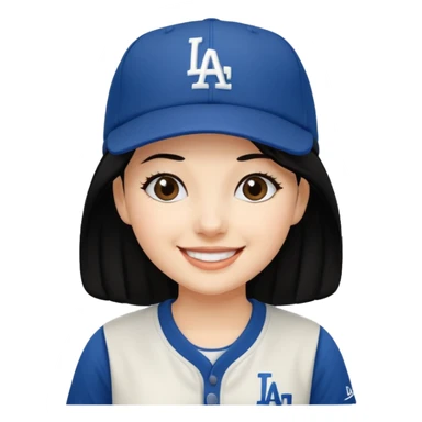 Can you make an emoji of a girl with fair skin with black hair wearing an LA dodger hat sticker