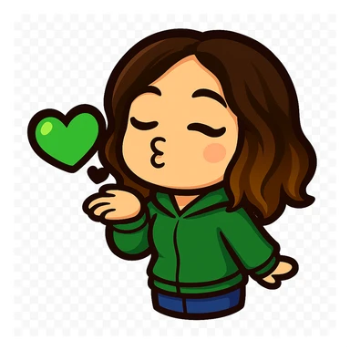 Create a chibi emote of a woman from the reference wearing a green sweater and jeans, blowing a kiss, no headband, no wand, matching the attached green heart emote as a base, transparent background sticker