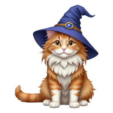 full body Maine coon ginger tabby cat flopped over on her back wearing an indigo witch hat sticker