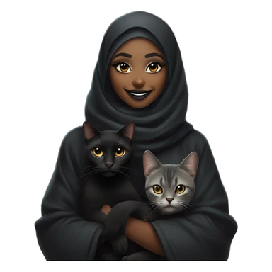 A black girl emoji with a smiley expression, wearing gothic-style makeup, a septum piercing, a silver lip ring, a black hijab, and a black fur coat. She is smiling warmly, with a small black cat sitting or standing beside her. sticker