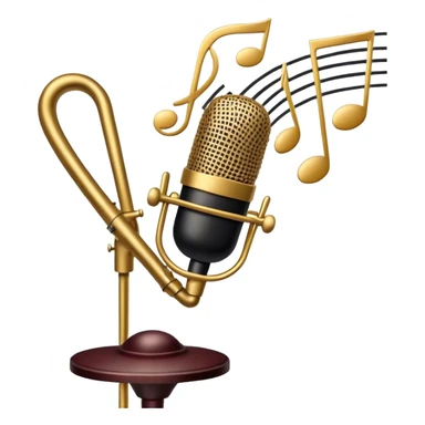 Create a sophisticated and smooth emoji representing jazz vocal performance. The design should feature a stylized microphone, with musical notes swirling around it to convey the fluid, improvisational nature of jazz. Add subtle elements like a vintage microphone stand or a hint of a singer’s silhouette in the background to reflect the live, intimate feel of jazz performance. Use deep, rich colors like gold, black, and burgundy to evoke the classic, smooth vibes of jazz. The background should be transparent. sticker