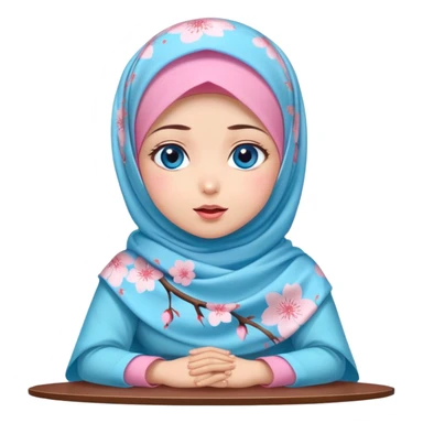 Turkish beautiful finish Konya girl blue eyes with cherry blossom floral pink and baby blue hijab islamic dress and with yummy Drooling face on the table sticker