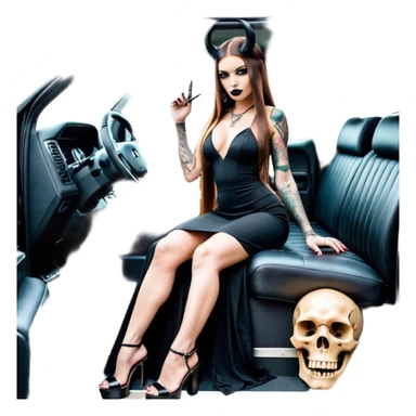 Sensual queen long brown straight haired mafia woman with black shiny platform high heels on her feet, black devil horns on her head, tattoos on arms , holding a human head skull. in the back seat of a large big new model F350 pickup truck full of cash wearing long sex dress with big butt sticker