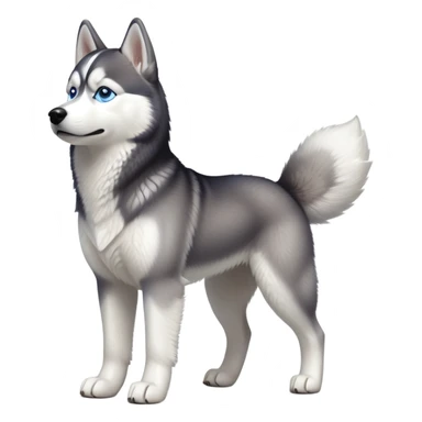 cinematic-[siberian husky]-realistic-full-body-standing-emoji,-tail-resting-loosely-beside-its-paws,blue eyes-head-tilted-dramatically, -fluffy-[grey and white]-fur,-simplified-yet-realistic-focused-features,-highly-detailed,-glowing-with-an-almost-sarcastic-glow sticker
