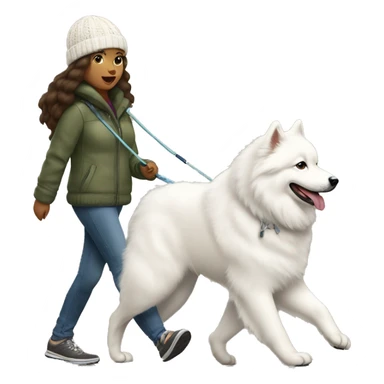 full body view of brunette female with light medium skin to e with knit hat walking a samoyed on a leash sticker