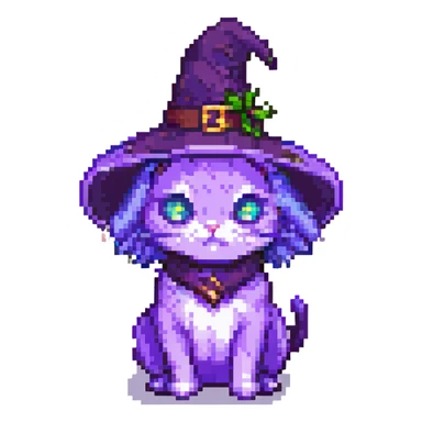 A purple witch cat, pixel art style, facing forward. sticker
