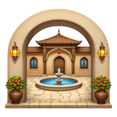 3D Apple-style emoji of a traditional Turkish han with courtyard, arches, fountain, wooden doors, and hanging lanterns. Rounded, glossy, smooth, soft shadows, white background.







 sticker